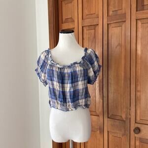 NWT Pink Rose Blue Plaid Crop Top, Size L